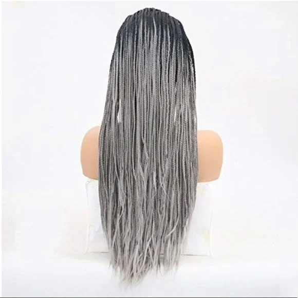 ?Kalynn R. 24” BLACK & GREY Braided LaceFront WIG Kalyss 24 Square Knotless Box Braided Wig with Curly Ends  main image 3